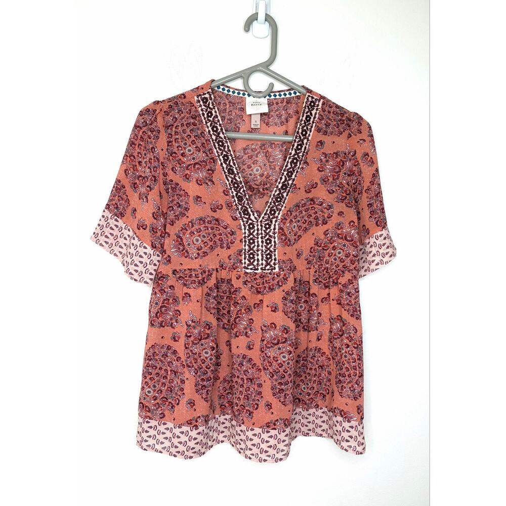 Knox Rose Semi Sheer Blouse Sz S Floral Boho Peasant Cottagecore Coral Maroon